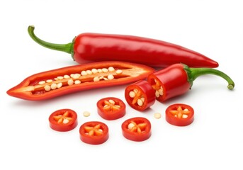Red chili peppers sliced and whole on white background