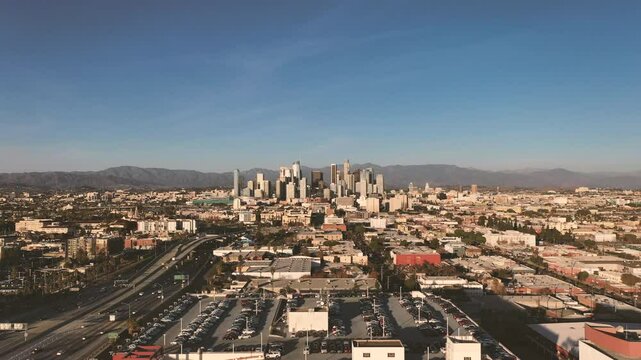 4K drone Video of downtown Los Angeles during sunset as a stablishing shot 4K