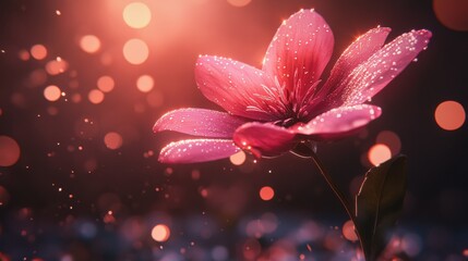 Glowing pink flower with water droplets and soft bokeh backlit scene