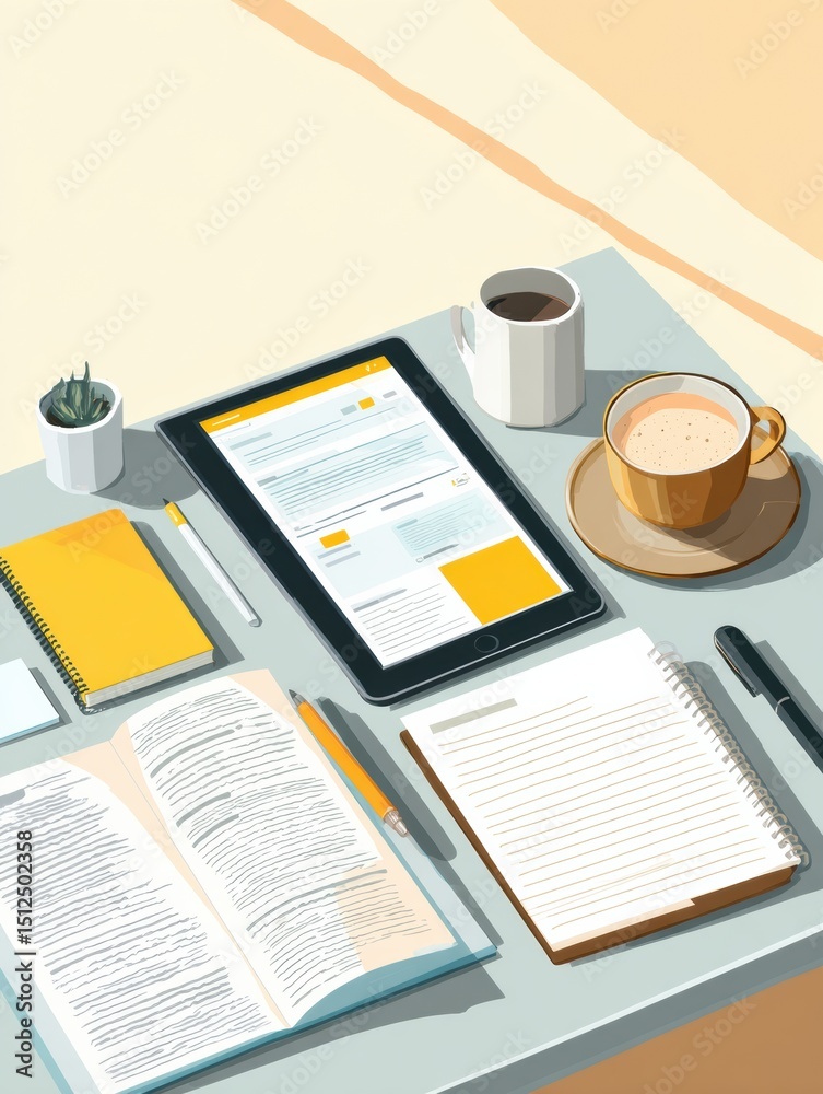 Aufkleber online education setup with notes, tablet, coffee, and open workspace for studying and learning