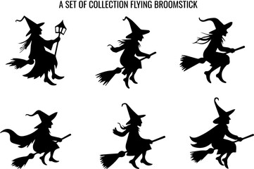 Halloweens witches silhouettes set of a witch flying on a broomstick