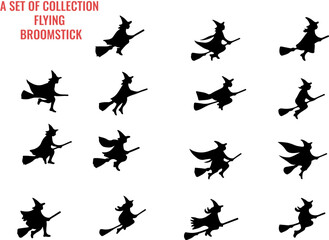 Halloweens witches silhouettes set of a witch flying on a broomstick