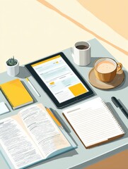 Online Education Setup With Notes, Tablet, Coffee, and Open Workspace for Studying and Learning
