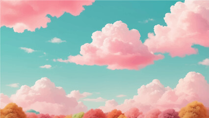 abstract Vector illustration of fluffy clouds in a clear sky. The clouds have a soft gradient of pastel colors like pink, peach, and blue. The sky is a thick turquoise blue. 