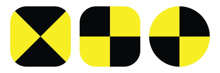Set of crash test symbol icons on white background. Crash test warning symbol. Automotive hazard sign. Impact assessment icon. Crash simulation icon.
