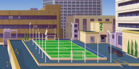 Football pitch on the roof of the building. Integrated sports ground, mini-football pitch in the open air on the roof in the metropolis. Cityscape, skyscrapers and buildings. Sports, leisure, vector.