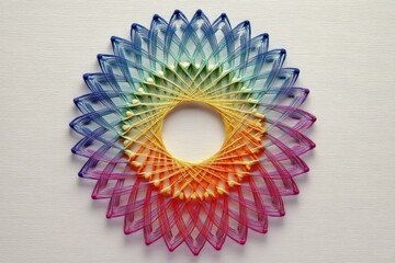 Intricate string art creation showcasing a vibrant gradient design on a minimalist background