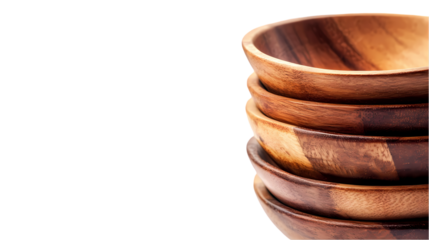 A close up shot of a stack of four wooden bowls on the right side of  space isolated on transparent background