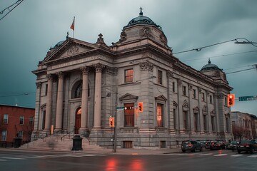 Fototapeta premium Historical building at city intersection dusk