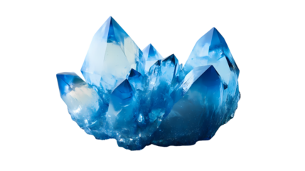 A cluster of blue and white crystals with sharp edges   in a studio shot isolated on transparent background