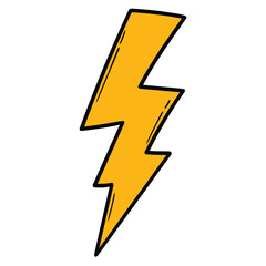 Hand drawn cartoon yellow lightning bolt on white background.
