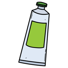Hand drawn cartoon tube of green acrylic paint on white background.