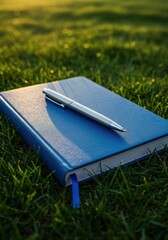 A silver pen rests on a blue notebook in the grass, capturing a moment of serenity.