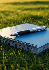 A pen rests on a blue notebook, capturing a moment in the serene green grass.
