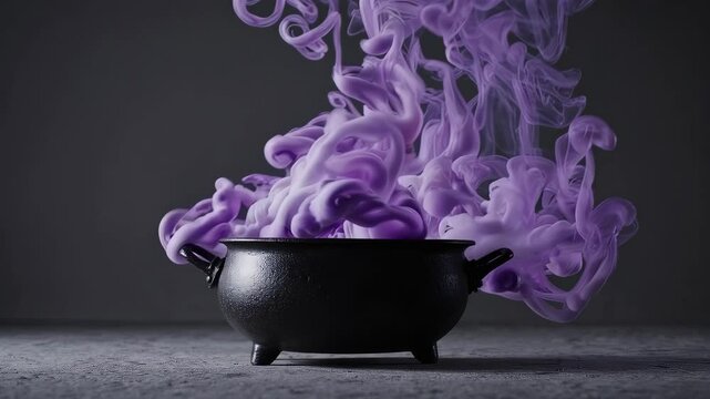 Enchanting purple smoke flow emanating from cauldron mystical vapor concept