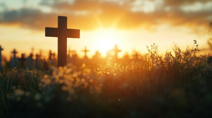 Grave cross surrounded by blurred crosses at sunset in a cemetery