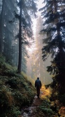 Obraz premium Wanderer exploring a misty forest trail at dawn, surrounded by towering trees and soft sunlight