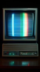 Obraz premium Vintage television casting colorful patterns in a dimly lit room