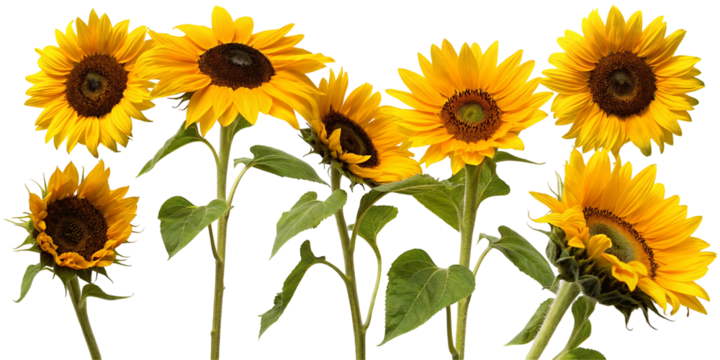 A group of seven sunflowers with yellow petals and dark centers against a black background in a studio shot