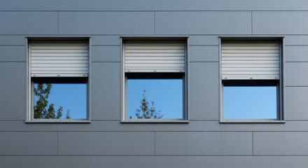 A minimalist shot of three windows with blinds on a gray building facade, showcasing reflections.