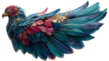 Elegant colorful bird artistically depicted with intricate feathers and gold accents on isolated on white transparent background PNG cutout