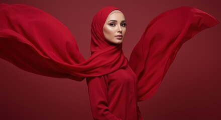 A stunning woman poses in a studio, wearing a vibrant red hijab with dynamic, flowing fabric.