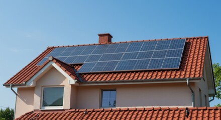 Fototapeta premium Close-up shot of a residential house featuring solar panels on the roof, a green energy solution.