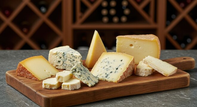 An exquisite cheese board featuring a diverse selection of gourmet cheeses, ready for a tasting.