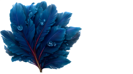 Artistic depiction of abstract blue feathers with water droplets on isolated on white transparent background PNG cutout