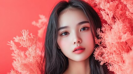 Portrait of asian girl posing with coral background - Young chinese woman in front of the camera - Fashion, casual clothes and millennial generation concept - Focus on face illustration , no logos, n