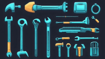 Fototapeta premium Hand industrial and building tools silhouettes. Handyman toolkit. Screwdriver and wrench, hammer instrument and saw illustration illustration , no logos, no brands