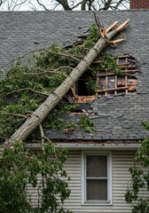 A large tree lies on a house roof, displaying significant storm damage after the storm.