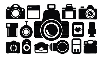 minimal silhouette icons of cameras and lenses