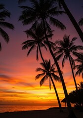 Obraz premium Stunning sunset paints the sky with vibrant colors behind silhouette palm trees.