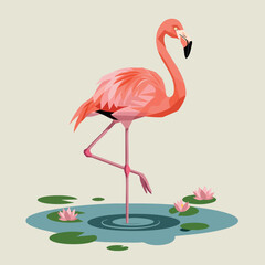 Obraz premium Pink flamingo standing on one leg in pond with water lilies vector illustration 