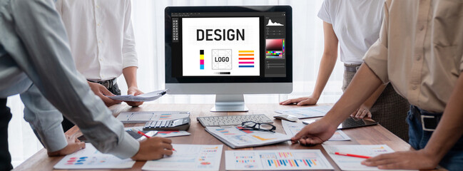 Graphic designer software for modern design of web page and commercial brisk ads showing on the...