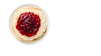 A stack of pancakes topped with a generous serving of red jam on a white plate viewed from above isolated on transparent background