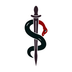 Fototapeta premium Bold snake twisted around a sword vector illustration