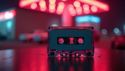 Retro cassette tape with neon lighting in a futuristic urban night setting, featuring vibrant colors and bokeh effects
