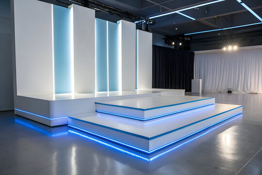 modern event stage design futuristic podium & blue lighting