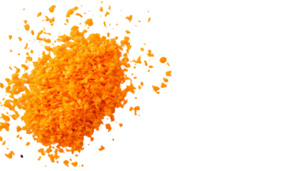 A scattered pile of bright orange shredded carrots  a black and grey background on the left side isolated on transparent background