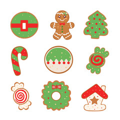 colorful christmas set of hand drawn gingerbread cookies. vector