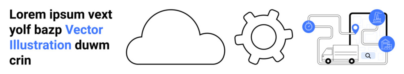 Cloud with gear and data flow linking nodes and truck. Ideal for cloud computing, automation, logistics, data management, technology innovation, network solutions, simple landing page