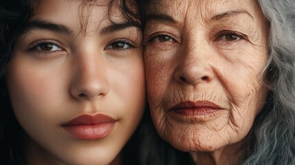 An Intriguing Portrait of a Young Hispanic Woman and Her Elderly Grandmother, Capturing the Depth of Generational Beauty and Connection in Their Faces