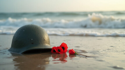 Helmet and Poppies on the Beach &ndash; D-Day Remembrance