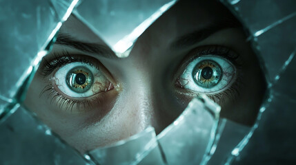 A close up of wide eyes peering through shattered glass with a cool blue color palette used