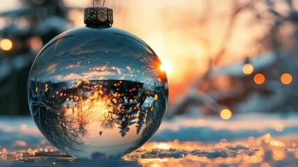 The image features a glass ornament reflecting a winter scene with snow-covered trees and a radiant sunset. The warm light creates a serene, festive ambiance. Nature's beauty preserved in a sphere. - Powered by Adobe