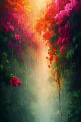 Rain-Kissed Blooms: A vibrant display of colorful flowers cascades down, drenched in the gentle rain.