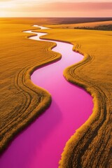 Serpentine River in Golden Fields: A vibrant, winding river snakes its way through vast golden fields under a pastel sky, creating a stunning visual spectacle of nature's artistry.