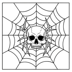 Obraz premium black and white skull spider in web line art isolated halloween horror tattoo 